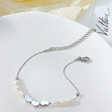 (Silver) Ladies Bracelet Personality Design Pearl Chain Stitching Love Peach Heart Stainless Steel
