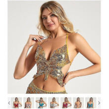 (red) Women's Belly Dance Tops Nightclub Show Out Sequin Tops Butterfly Bra