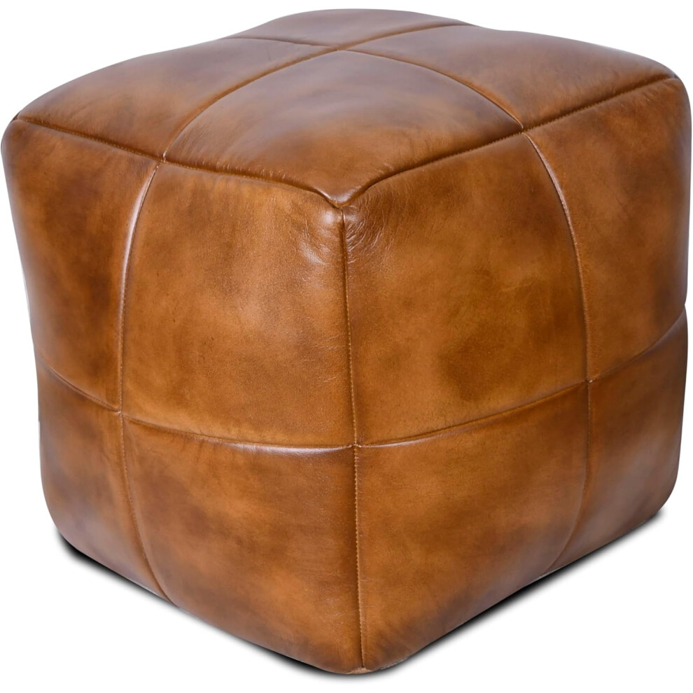 Elm Home And Garden 100% Real Genuine Leather Foot Stool Rest Poufe Tan Brown 45cm High x 50cm Wide x 50cm Deep