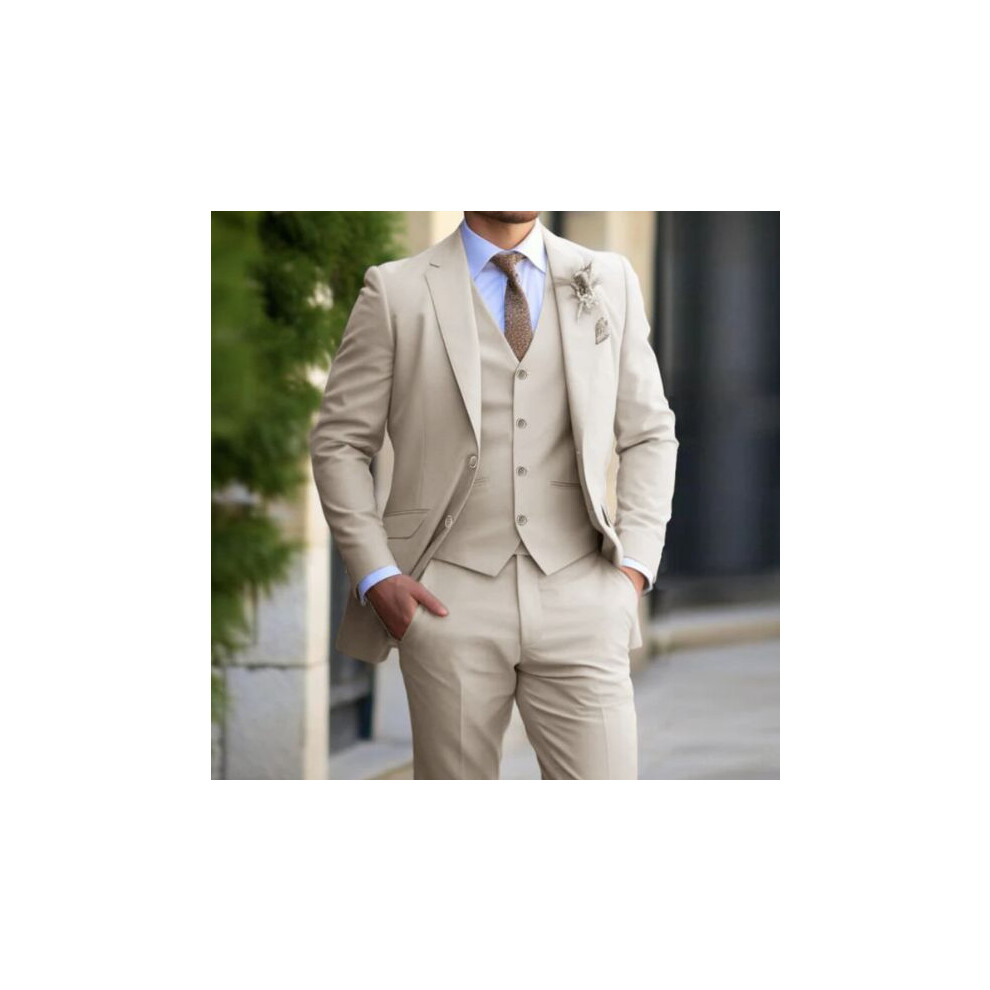 (beige, M) Mens 3 Pieces Suit Business One Button Tuxedo Suit for Men Tuxedo Classic Blazer Waistcoat Trousers Set