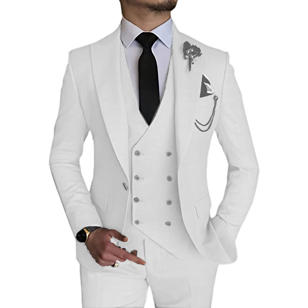 (white, S) Men's Suits 3 Piece Slim Fit Suits for Men Double Breasted Blazer Vest Pants Set Business Wedding Prom Suit