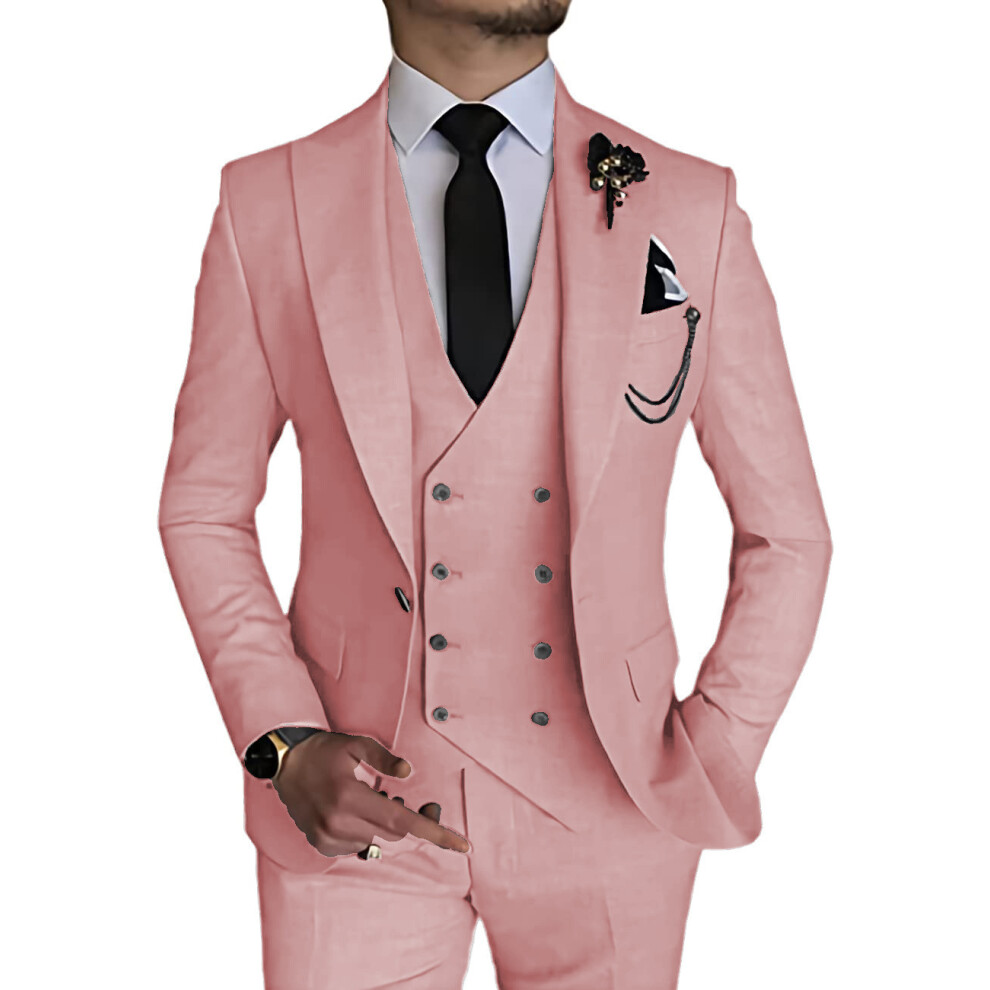 (pink, M) Men's Suits 3 Piece Slim Fit Suits for Men Double Breasted Blazer Vest Pants Set Business Wedding Prom Suit-image-OPC-PFPC7CB-NEW