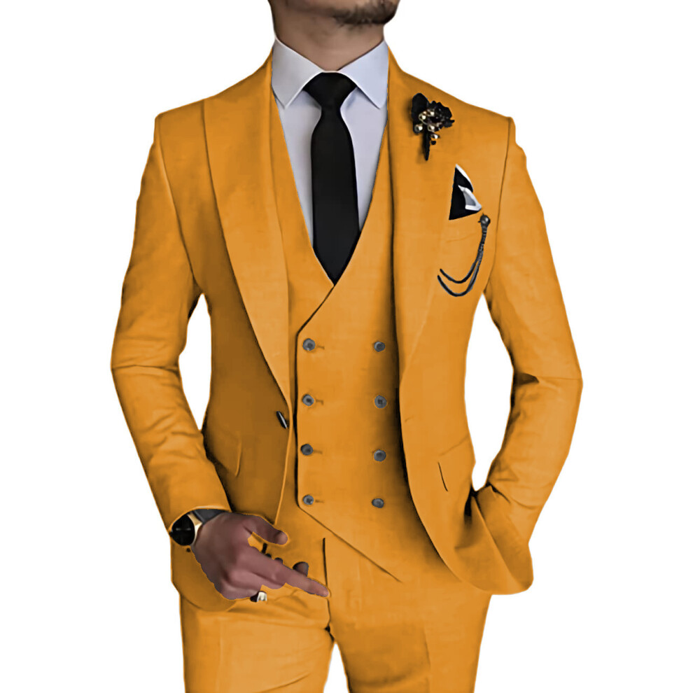 (yellow, 6XL) Men's Suits 3 Piece Slim Fit Suits for Men Double Breasted Blazer Vest Pants Set Business Wedding Prom Suit-image-OPC-PFPC7DN-NEW