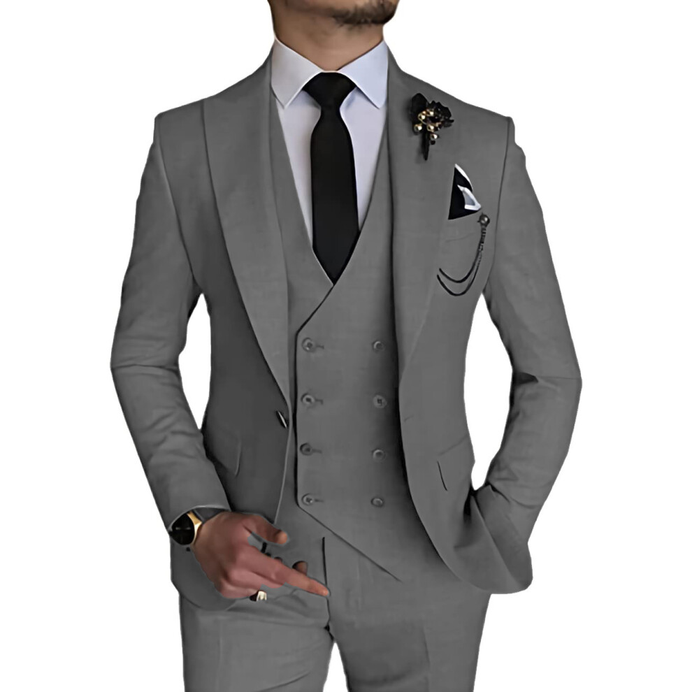 (gray, L) Men's Suits 3 Piece Slim Fit Suits for Men Double Breasted Blazer Vest Pants Set Business Wedding Prom Suit-image-OPC-PFPC7F8-NEW