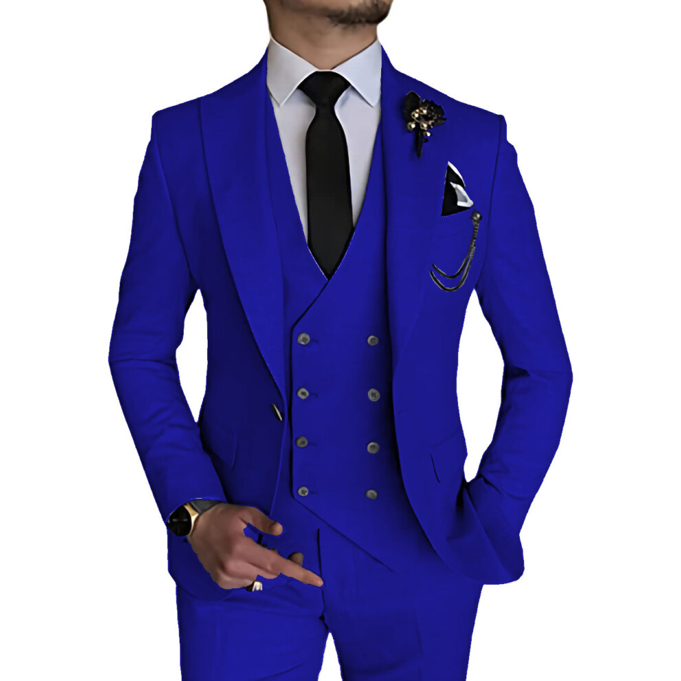 (royal blue, M) Men's Suits 3 Piece Slim Fit Suits for Men Double Breasted Blazer Vest Pants Set Business Wedding Prom Suit-image-OPC-PFPC7GP-NEW