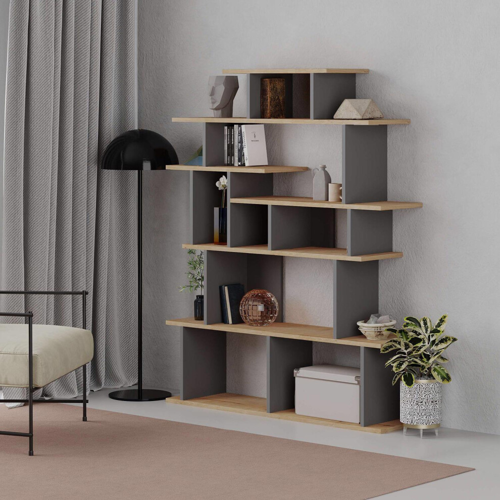 FWStyle Scratch Resistant 6 Tier Bookcase Shelving Unit Anthracite Grey & Oak