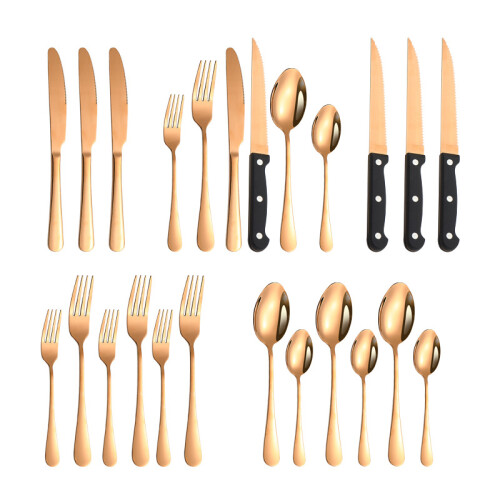 (Rose gold 24-piece set) Steak Knife and Fork Set, 24 Piece Stainless Steel Dinner Knife Set
