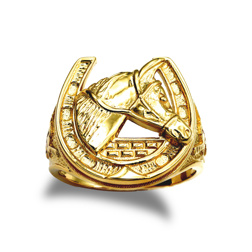 (S) Jewelco London Men's Solid 9ct Yellow Gold Horse Head Horseshoe Ring - JRN040