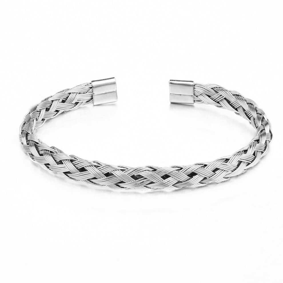 (sliver) Sleek Stainless Steel Twisted Cable Bangle Bracelet Versatile Titanium Steel Open Cuff Woven Bracelet