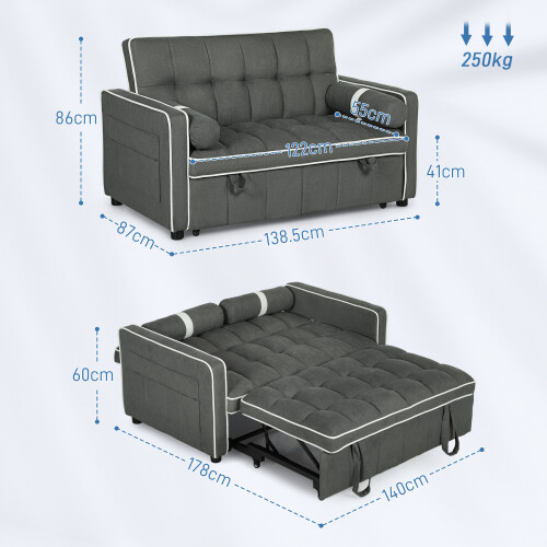 Homcom HOMCOM 2 Seater Pull Out Sofa Bed with Adjustable Backrest, Charcoal Grey 1