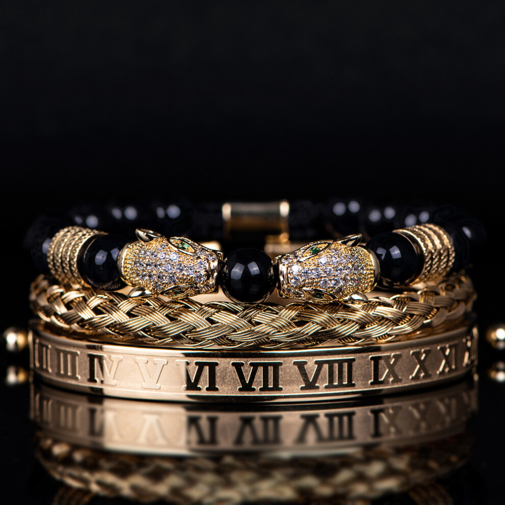 (Gold & White Zircon) Men's Black Double Panther Head Braided Bracelet & Roman Numeral Stainless Steel Bracelet Set Vintage Style