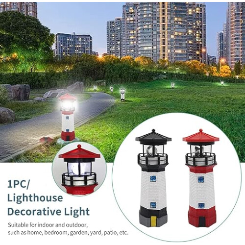 LED Solar Lighthouse Sensor Beacon Rotating Lamp Statue Garden Outdoor 2