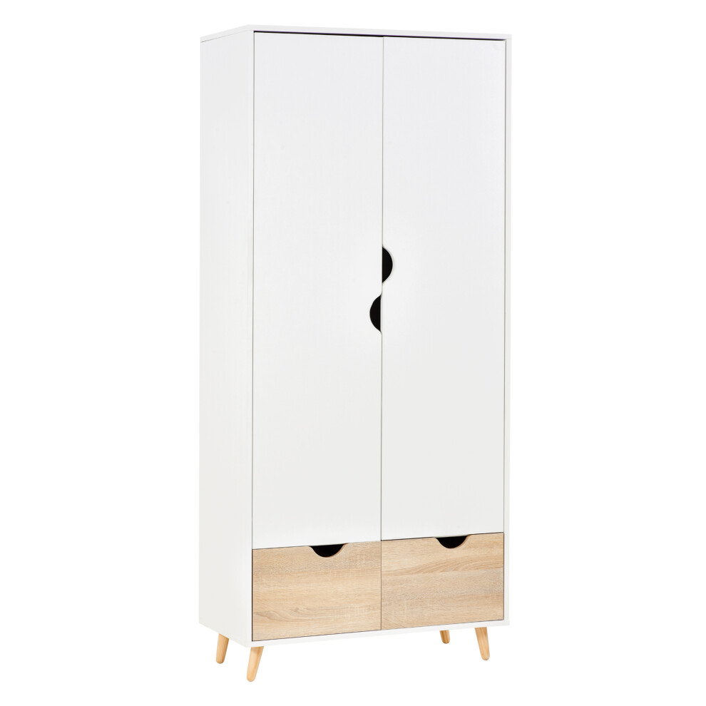 Rackhams White 2-Door Clothes Wardrobe W/ Rail Shelf 2 Storage Drawers Wood Feet - Image 4