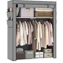 (Grey) Bedroom canvas wardrobe, fabric wardrobe with 2 storage area side pockets, pop-up wardrobe is perfect for temporary wardrobe in bedroom