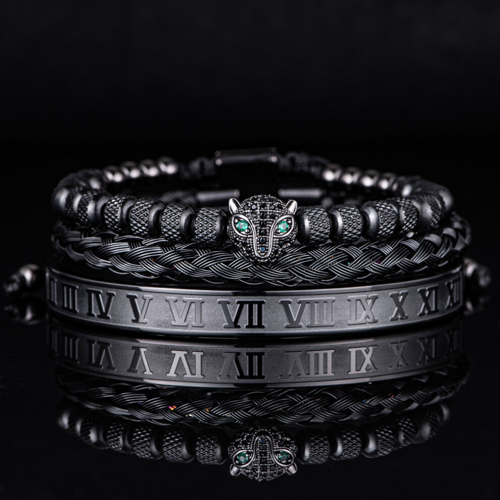 (Black &Black Zircon) Stainless Steel Leopard Head Bracelet Set with Pineapple Beads & Roman Numeral Bangle