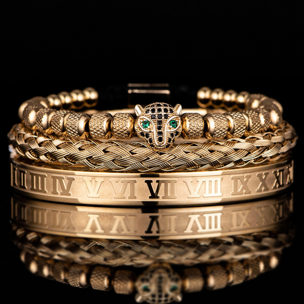 (Gold &Black Zircon) Stainless Steel Leopard Head Bracelet Set with Pineapple Beads & Roman Numeral Bangle