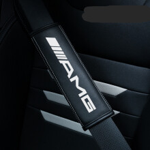 (AMG) 2PCS Black Car Seat Belt Real-Leather Shoulder Pads Cushion