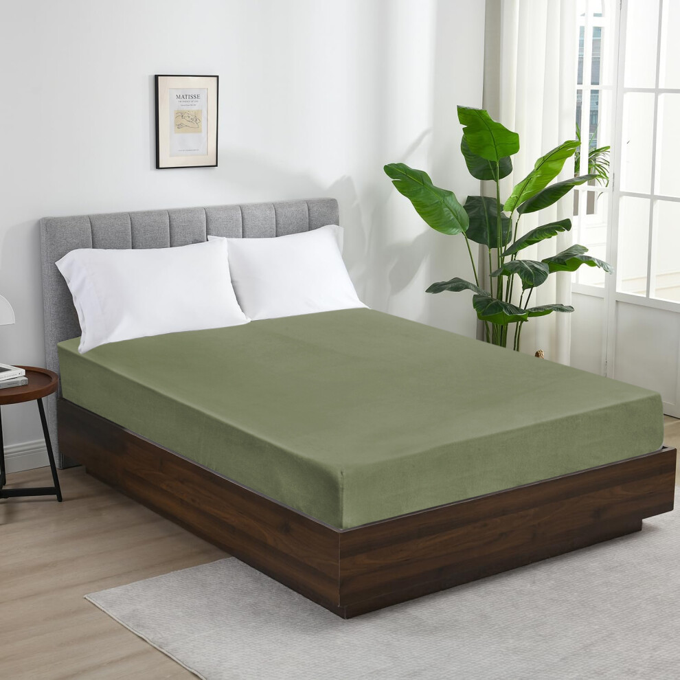 (Double Fitted Sheet 30cm, Olive Green) Fitted Sheet 100% Organic Cotton Jersey Bed Sheets