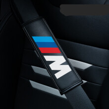 (BMW M) 2PCS Black Car Seat Belt Real-Leather Shoulder Pads Cushion