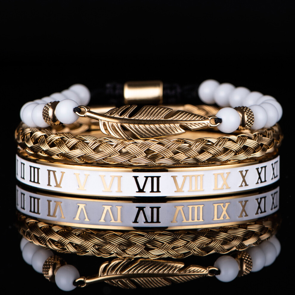 (feather1) White Bead Bracelet Set with Enamel Stainless Steel Roman Numeral Bangle-image-OPC-PFPDVCH-NEW