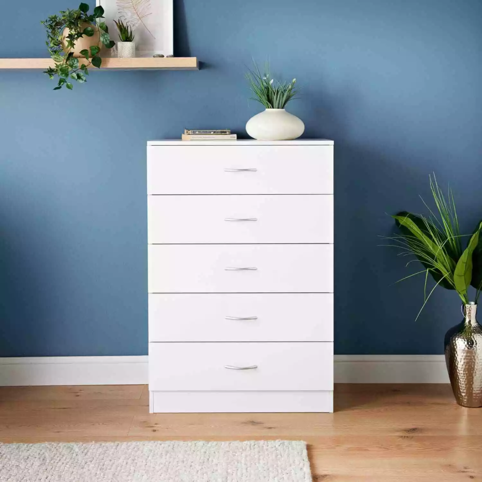 Tall White 5-Drawer Cabinet - Bedroom Storage Unit with Modern Design