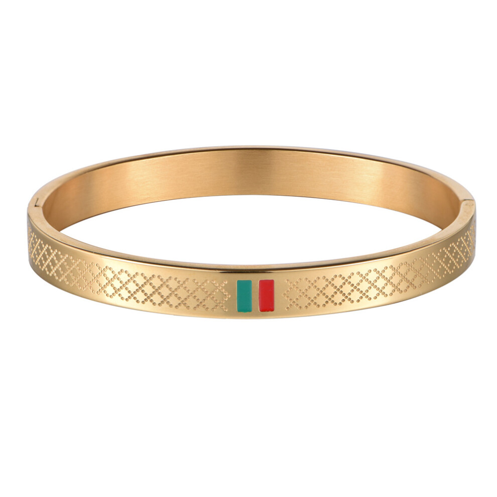(gold, M(For Male)) Titanium Steel Buckle Bangle Bracelet Minimalist INS-Style Red & Green Enamel Cuff