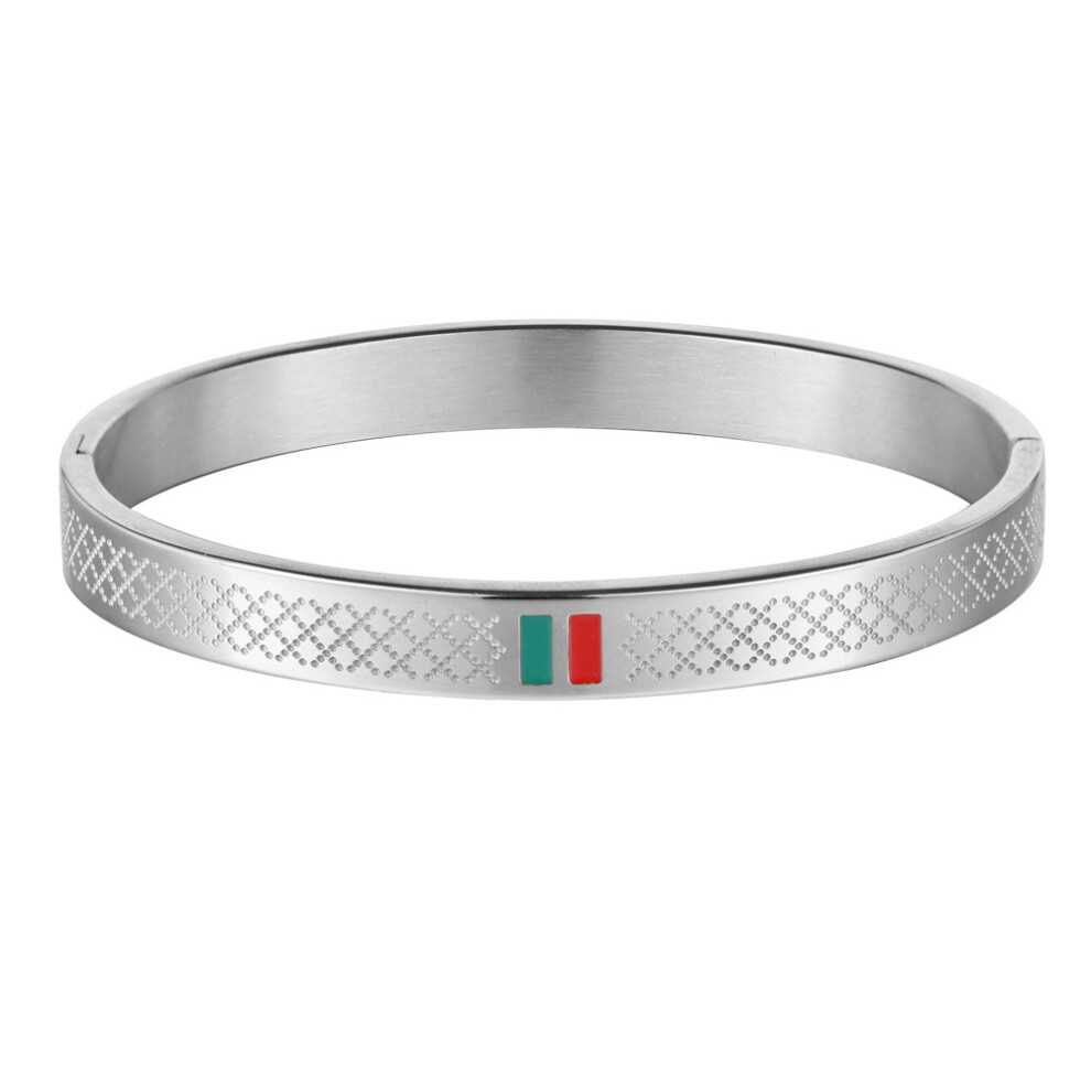(sliver, M(For Male)) Titanium Steel Buckle Bangle Bracelet Minimalist INS-Style Red & Green Enamel Cuff