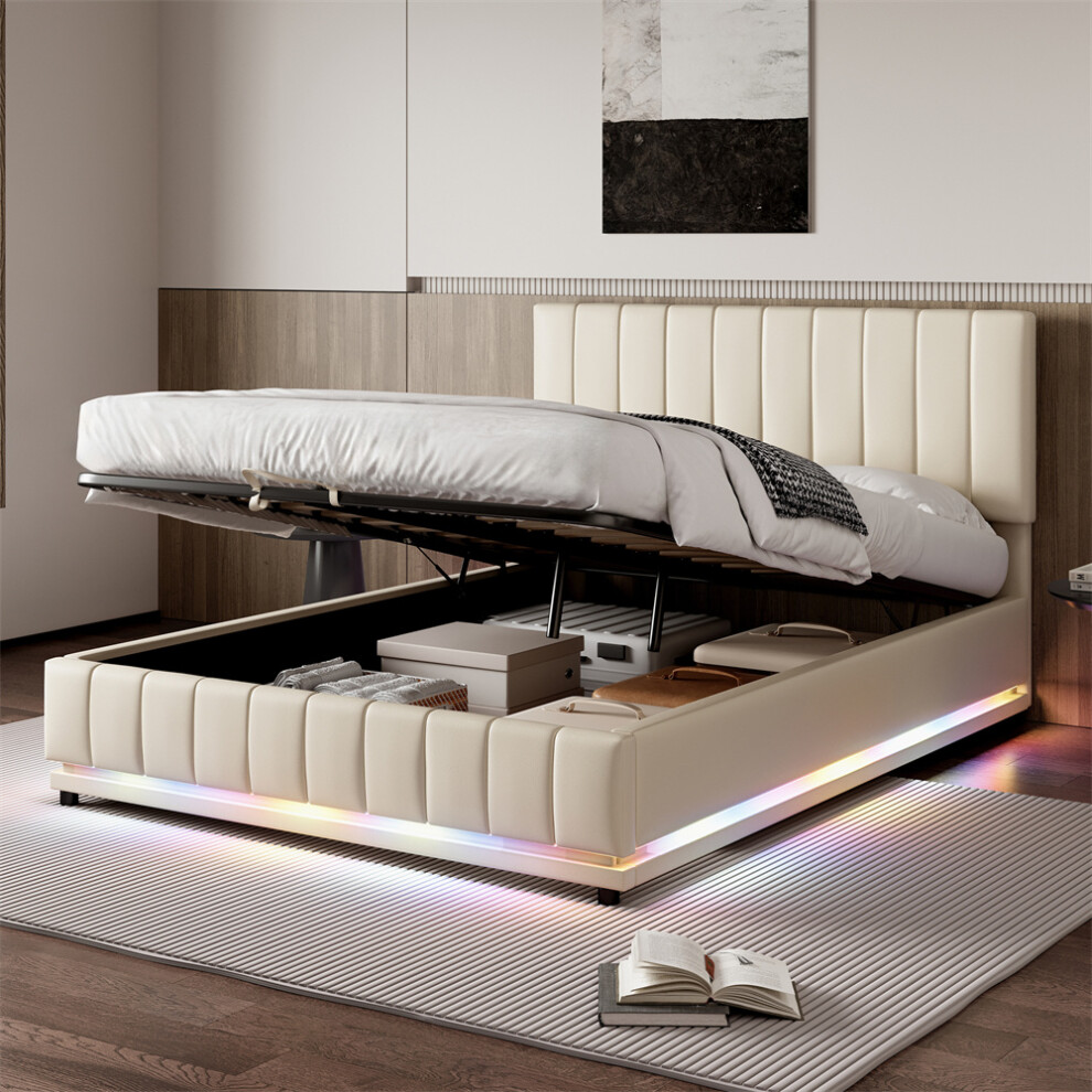 (Beige with Hydraulic Storag) 4ft6 Double Ottoman Bed Frame with LED Lighting