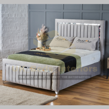 (Silver (with Mattress), 4ft6" Double (No Gaslift)) Luxury Plush Velvet Upholstered Panel Strip Ottoman Bed Frame Double/King/Single
