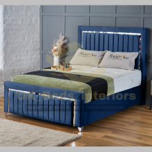 (Blue (No Mattress), 3ft Single (with Gaslift)) Luxury Plush Velvet Upholstered Panel Strip Ottoman Bed Frame Double/King/Single