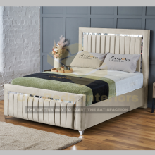 (Cream (No Mattress), 3ft Single (No Gaslift)) Luxury Plush Velvet Upholstered Panel Strip Ottoman Bed Frame Double/King/Single