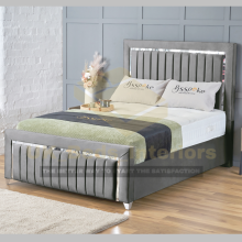 (Grey (No Mattress), 3ft Single (No Gaslift)) Luxury Plush Velvet Upholstered Panel Strip Ottoman Bed Frame Double/King/Single
