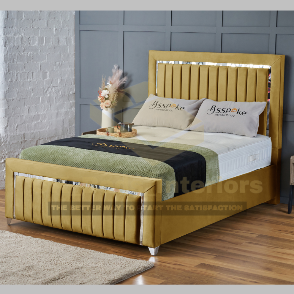 (Mustard (with Mattress), 4ft6" Double (with Gaslift)) Luxury Plush Velvet Upholstered Panel Strip Ottoman Bed Frame Double/King/Single