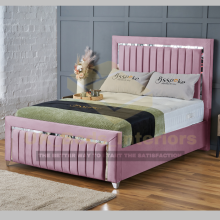 (Pink (No Mattress), 6ft Super King (No Gaslift)) Luxury Plush Velvet Upholstered Panel Strip Ottoman Bed Frame Double/King/Single
