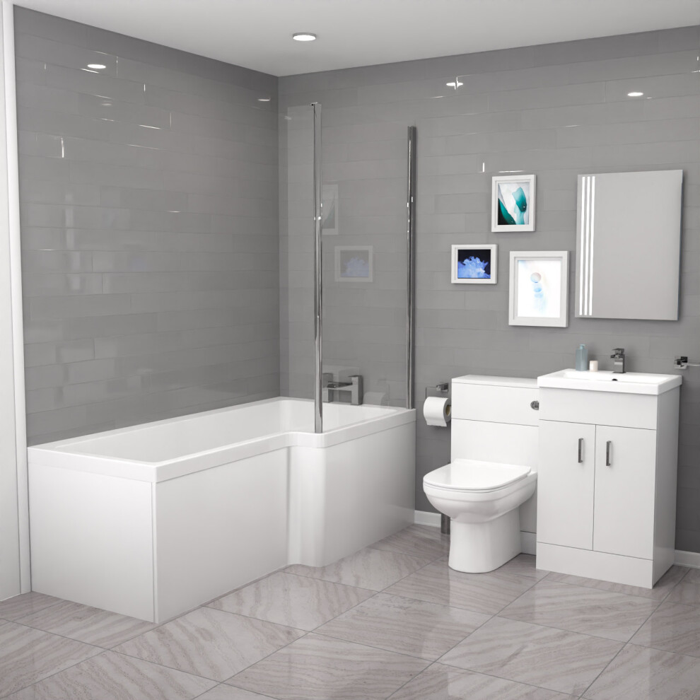 Nes Home L-Shaped RH Shower Bath Floor Standing White Basin Vanity BTW Toilet
