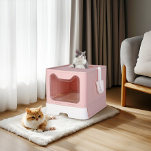 Cat Litter Box Pet Litter Boxes Toilet with Scoop Drawer Foldable Pink