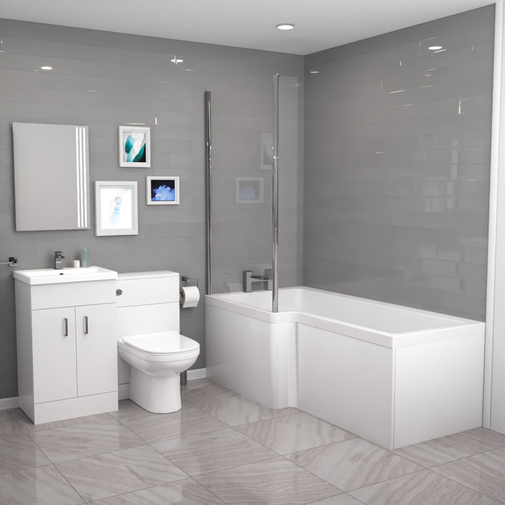 L-Shaped LH Shower Bath Floor Standing White Basin Vanity BTW Toilet