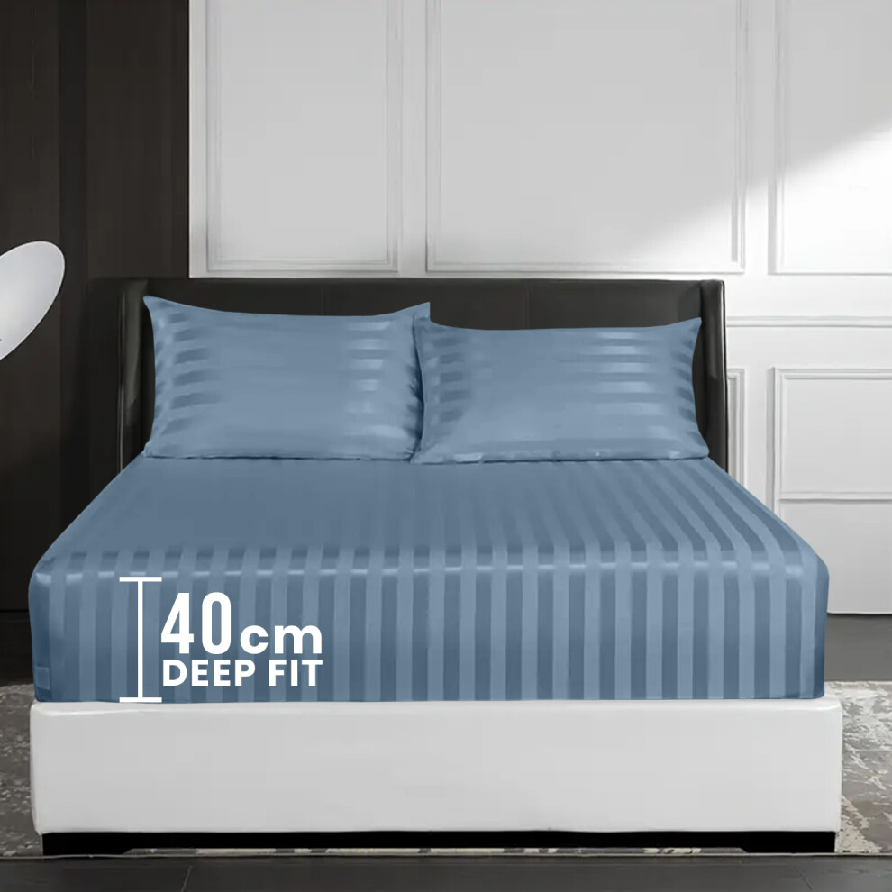 (Single Bed Sheet, Washed Blue- Stripe Bed Sheet 40cm) Extra Deep Fitted Sheet 40cm Stripe Bedsheet UK-image-OPC-PFPDZDR-NEW