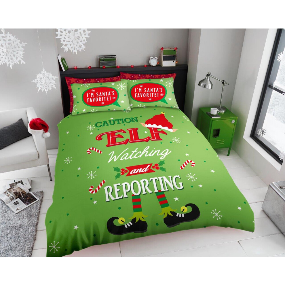 (ELF ON SHELF- Reporting, Double ) CHRISTMAS REVERSIBLE  DUVET COVER SET XMAS BEDDING