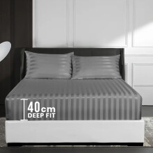 (Double Bed Sheet, Grey- Stripe Bed Sheet 40cm) Extra Deep Fitted Sheet 40cm Stripe Bedsheet UK