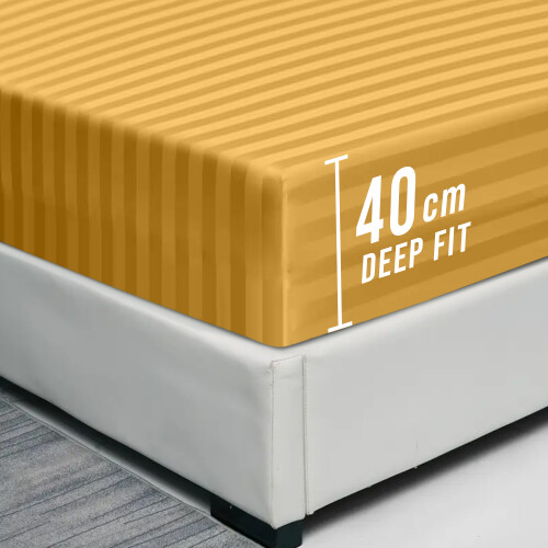 (Double Bed Sheet, Yellow/Ochre- Stripe Bed Sheet 40cm) Extra Deep Fitted Sheet 40cm Stripe Bedsheet UK 2