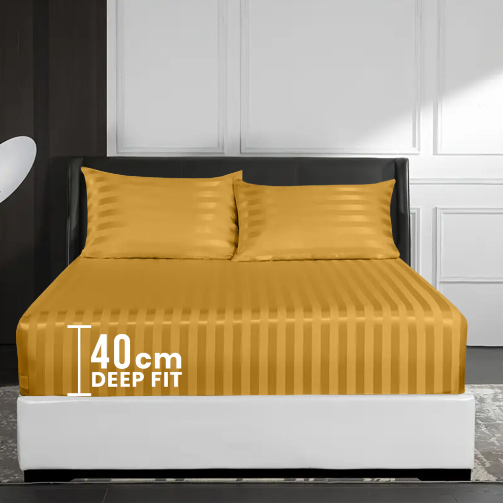 (King Bed Sheet, Yellow/Ochre- Stripe Bed Sheet 40cm) Extra Deep Fitted Sheet 40cm Stripe Bedsheet UK-image-OPC-PFPDZFJ-NEW