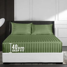 (Double Bed Sheet, Olive Green- Stripe Bed Sheet 40cm) Extra Deep Fitted Sheet 40cm Stripe Bedsheet UK