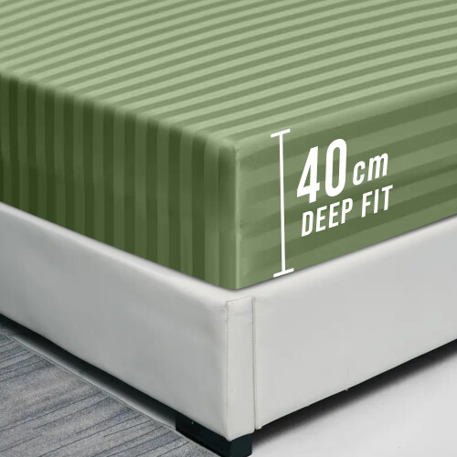 (Double Bed Sheet, Olive Green- Stripe Bed Sheet 40cm) Extra Deep Fitted Sheet 40cm Stripe Bedsheet UK 2
