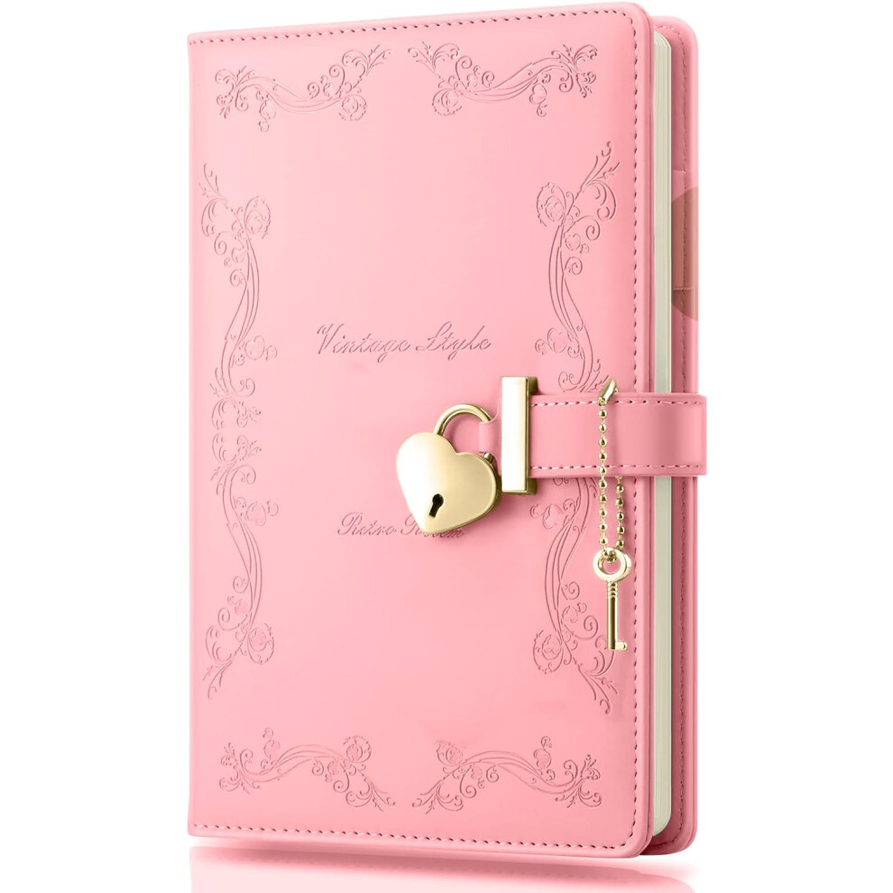 Girls Diary with Lock and Key, Cute Heart Shaped Lock Journal for Women, Refillable A5 Vintage Secret PU Leather Notebook Gift for Teen Girls - Pink