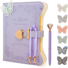 Diary with Lock and Key 360 Gold Edged Pages Journal Book B6 Secret Refillable Diary Notebook with Pen and Butterfly for Women (Purple)