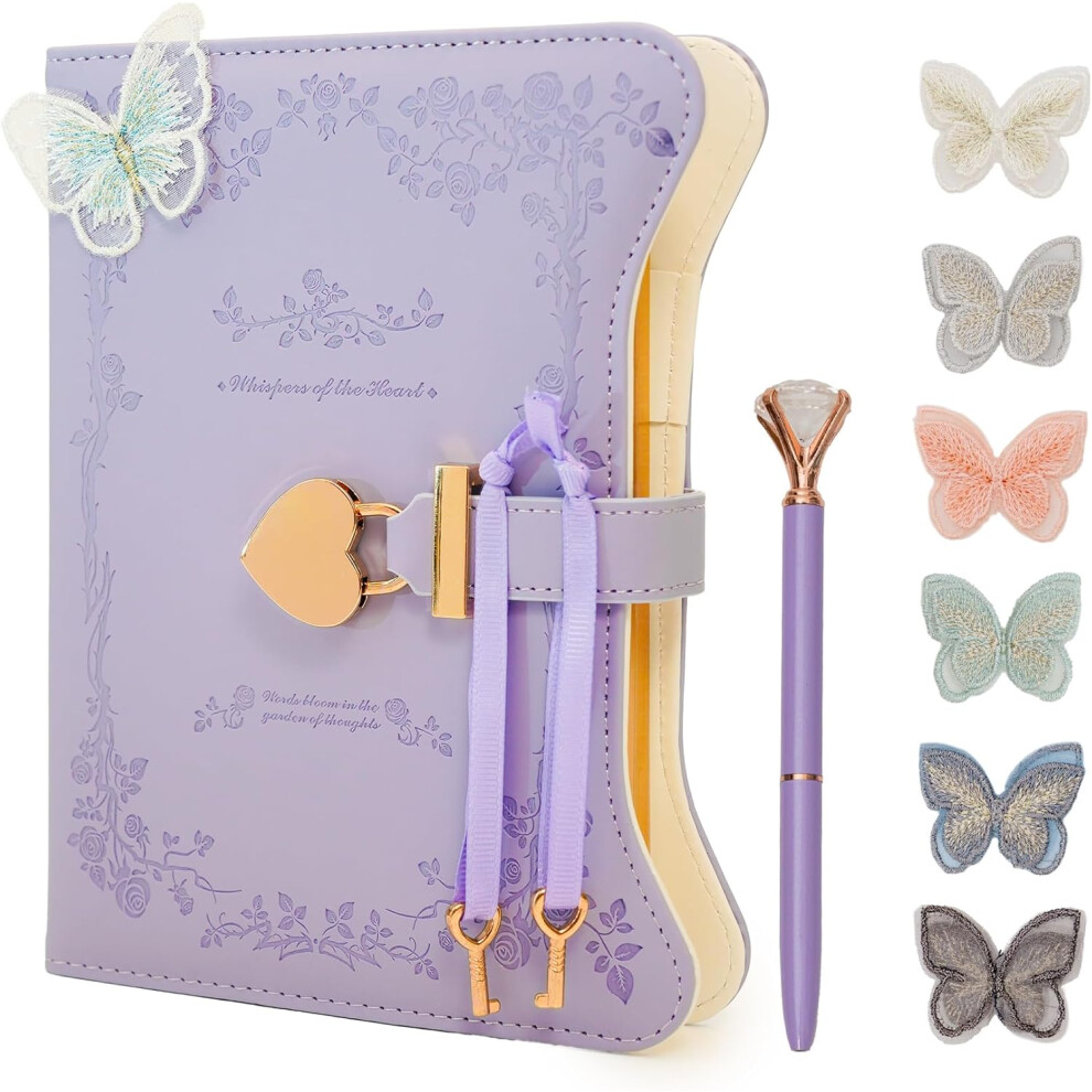 Diary with Lock and Key 360 Gold Edged Pages Journal Book B6 Secret Refillable Diary Notebook with Pen and Butterfly for Women (Purple)