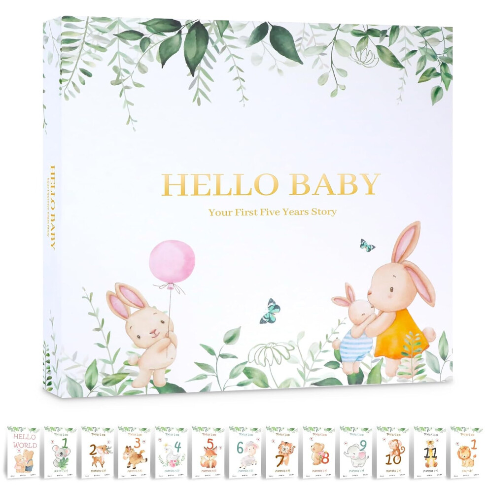 Memory Book Album: First 5 Year Baby Books For Kid,Gender Neutral Woodland Scrapbook Keepsake, Journal And Photo Album(13 Milestone Cards Included) Veeki