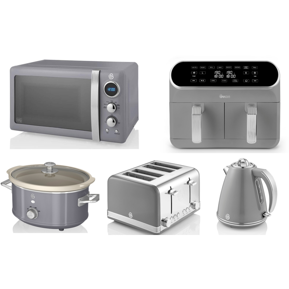 SWAN Retro Grey Kettle Toaster Microwave Air Fryer & Slow Cooker Set