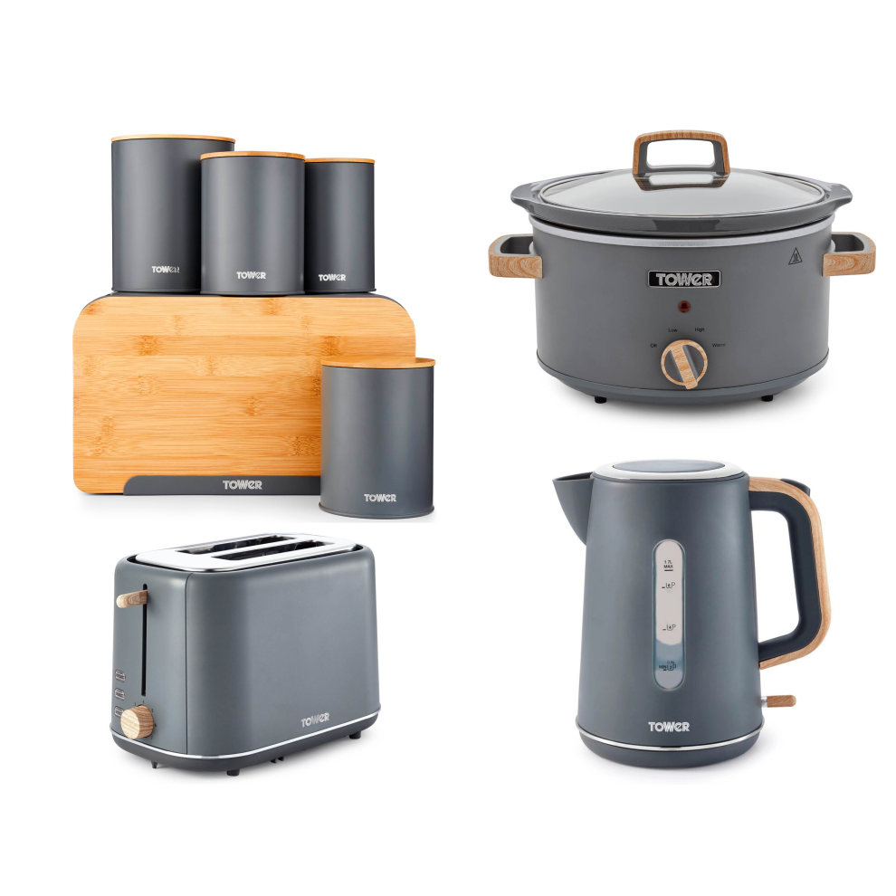 Tower Scandi Grey Kettle Toaster Slow Cooker & 5 Piece Storage Set